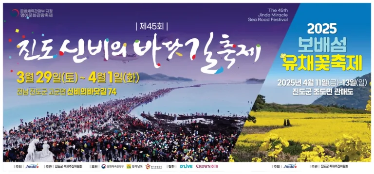 전남 진도군에서 진행되는 제45회 진도 신비의 바닷길 축제와 2025 보배섬 유채꽃축제 홍보 이미지