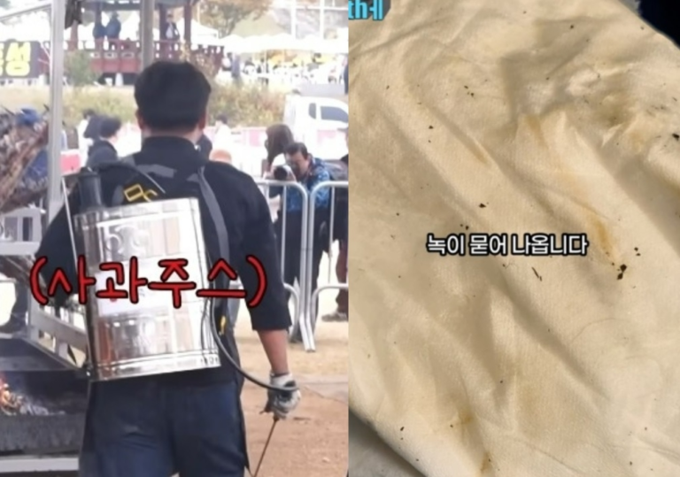 2023년 충남 홍성의 한 지역 축제에서 농약통에 소스를 담아 음식에 뿌리는 모습