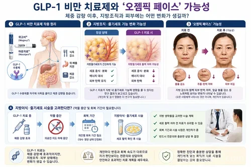 위고비와 마운자로로 대표되는 GLP-1 계열 비만 치료제가 체중 감량 효과로 주목받는 가운데, 지방줄기세포 기능 저하와 피부 탄력 변화, 오젬픽 페이스 가능성이 제기되고 있다. 연구 동향과 시술 전 주의점을 정리했다.