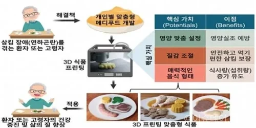 KIST 강릉분원 연구팀이 개발한 연하곤란 환자용 3D 식품 프린팅 잉크를 정리했다. 골든 클로렐라와 천연 전분을 활용한 맞춤형 메디푸드 기술, 장점, 한계, 상용화 과제를 분석했다.(3D 식품 프린팅 기술을 활용한 환자 또는 고령자 맞춤형 메디푸드/사진: KIST)