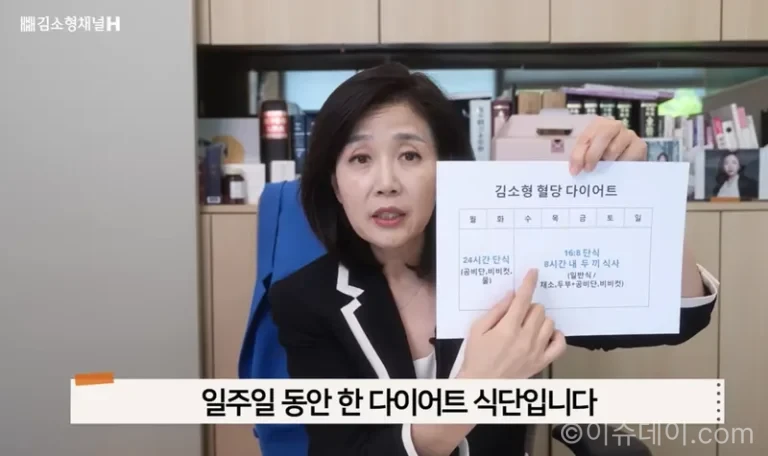 한의사 김소형 박사가 3개월 만에 체지방 11kg을 감량했다고 밝혔다. 혈당 다이어트, 16:8 간헐적 단식, 첫 이틀 탄수화물 제한, 채소·단백질·탄수화물 식사 순서, 식후 걷기 실천법을 정리했다.