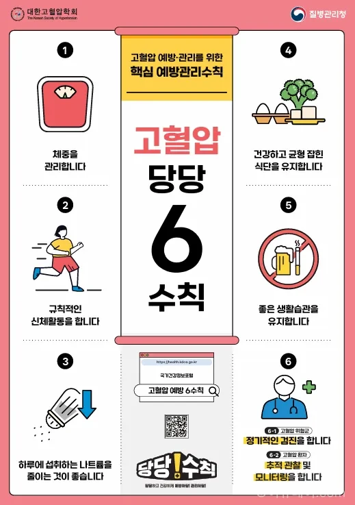 질병관리청이 세계 고혈압의 날을 맞아 고혈압 예방관리 6대 수칙을 발표했다. 국내 성인 고혈압 유병률이 상승한 가운데 규칙적인 운동과 저염식, 혈압 측정 등 생활습관 개선 중요성이 강조됐다.