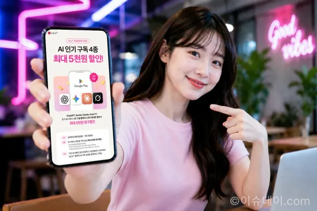 LG유플러스가 구글플레이 스토어에서 챗GPT, 제미나이, 클로드, 그록 등 생성형 AI 서비스 구독료를 LG U+ 휴대폰 결제로 결제한 고객에게 최대 45%, 최대 5000원 청구할인을 제공한다. 이벤트 기간, 응모 방법, 8월 청구서 반영 시점, 유의사항을 정리했다.