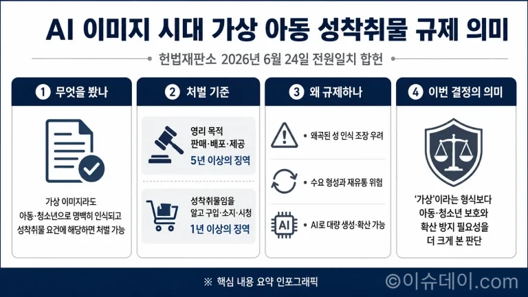 헌법재판소가 가상 이미지 아동·청소년 성착취물의 영리 목적 배포와 소지 처벌 조항을 전원일치로 합헌 판단했다.