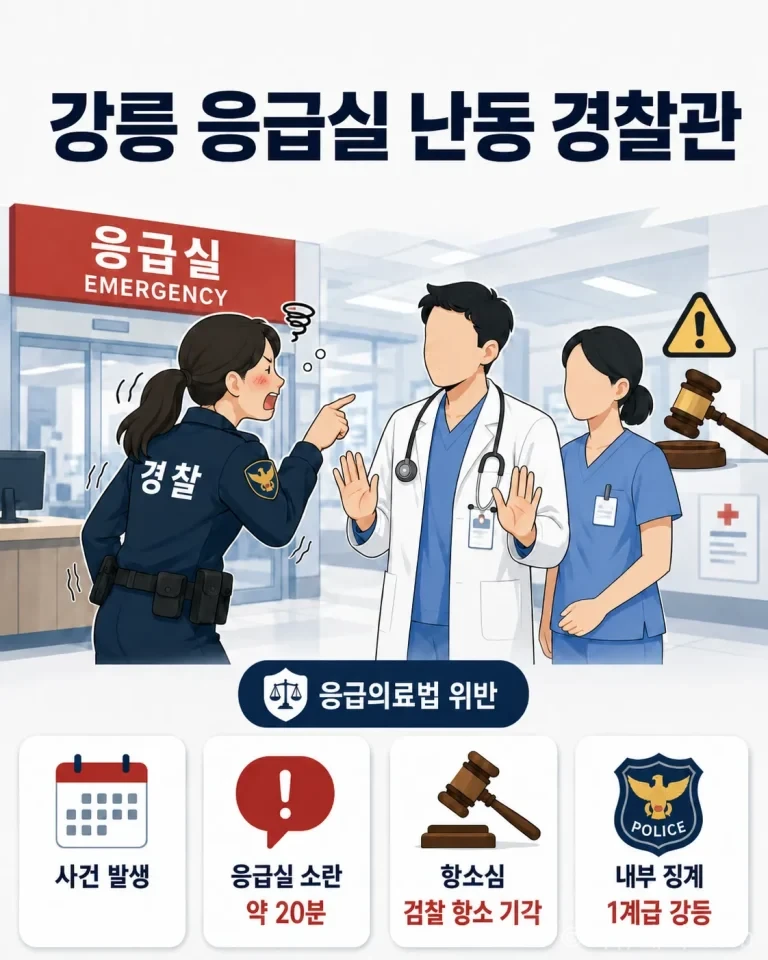 춘천지법 강릉지원은 강릉 병원 응급실에서 술에 취해 소란을 피운 현직 여성 경찰관 A 경장 사건 항소심에서 검찰 항소를 기각하고 벌금 1000만 원 원심을 유지했다. 사건 경위, 법원 판단, 경찰 징계, 응급의료법 쟁점을 정리했다.