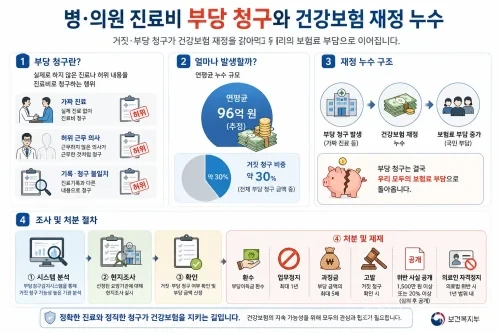 2026년 하반기 보건복지부가 건강보험 기획조사를 재개한다. 병·의원의 요양급여비용 거짓·부당 청구, 가짜 진료, 가짜 환자, 근무하지 않은 의사 청구를 집중 점검하고 부당이득 환수와 업무정지, 과징금, 명단 공개까지 추진한다.