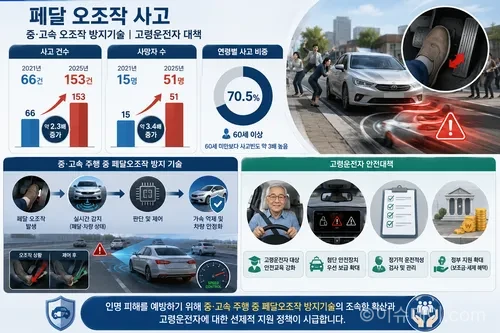 삼성화재 교통안전문화연구소가 발표한 페달 오조작 의심 사고 분석을 정리했다. 2021~2025년 사고 567건, 60세 이상 비중 70.5%, 사망자 3.4배 증가, 고령운전자 안전대책과 페달오조작 방지 기술 필요성을 분석한다.