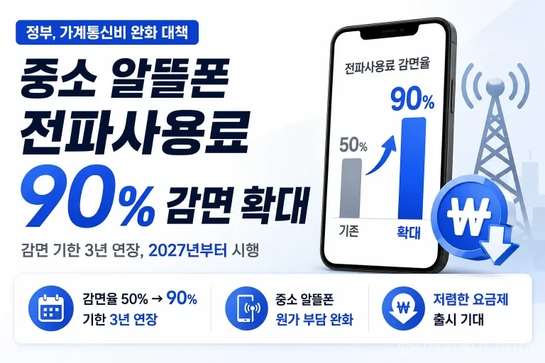 정부가 가계통신비 부담 완화를 위해 중소 알뜰폰사의 전파사용료 감면율을 기존 50%에서 90%로 확대한다. 감면 기한은 3년 연장되고, 2026년 하반기 전파법 시행령 개정을 거쳐 2027년부터 시행될 예정이다. 알뜰폰 요금 인하 가능성, 업계 부담, 400Kbps 데이터안심옵션 확대까지 정리했다.