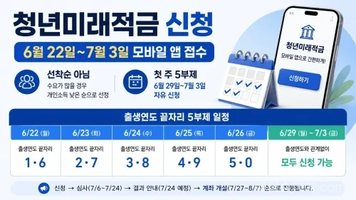 청년미래적금 신청이 2026년 6월 22일부터 2026년 7월 3일까지 진행된다. 5부제 일정, 신청 방법, 심사 기간, 계좌 개설일, 소득 우선 선정 기준을 정리했다.