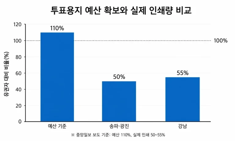 2026년 6월 3일 서울 송파구·강남구·광진구 일부 투표소에서 투표용지 부족 사태가 발생했다. 중앙선관위가 1.1배 예산을 확보하고도 일부 지역에서 50% 수준만 인쇄한 배경, 유권자 혼란, 진상규명위원회 쟁점을 정리한다.