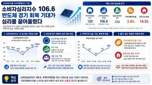 한국은행 6월 소비자동향조사에서 주택가격전망 지수가 120으로 뛰었다. 반도체 호황, 소비심리 개선, 기대인플레이션, 금리 변수까지 정리했다.