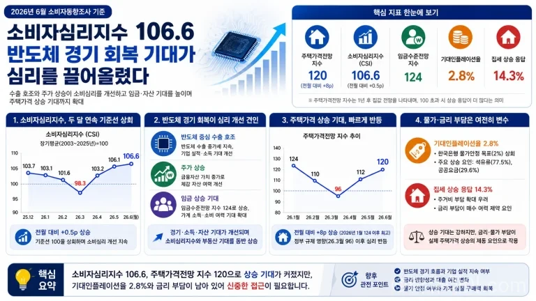 한국은행 6월 소비자동향조사에서 주택가격전망 지수가 120으로 뛰었다. 반도체 호황, 소비심리 개선, 기대인플레이션, 금리 변수까지 정리했다.
