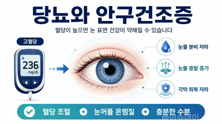안구건조증이 반복될 때 혈당이 원인 중 하나일 수 있다. 고혈당이 눈물 분비 신경, 마이봄샘 기능, 각막 회복력에 미치는 영향과 혈당 높은 사람의 안구건조증 관리법을 정리했다.