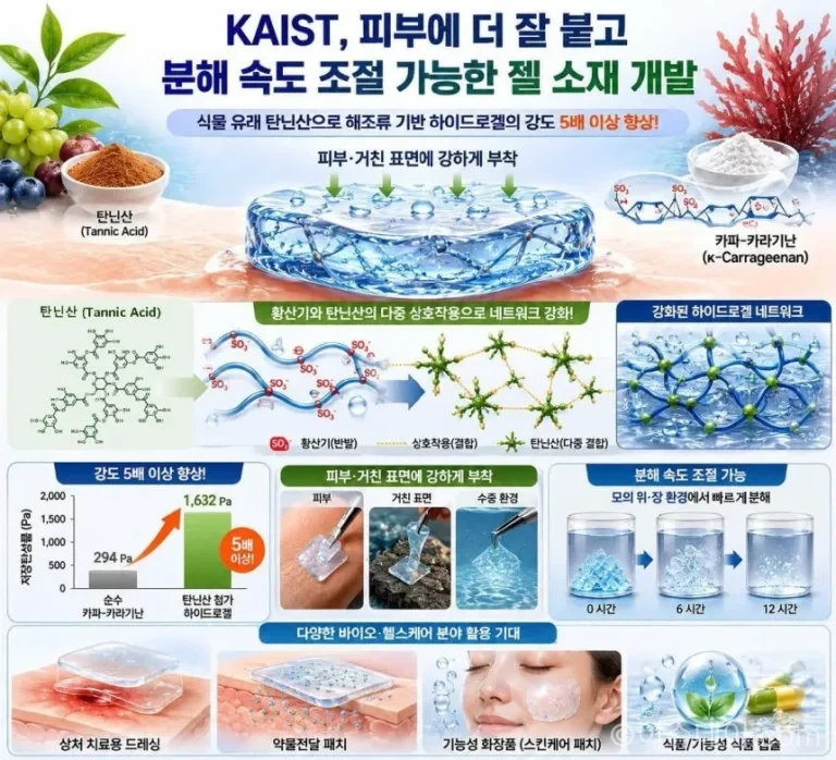 KAIST 이해신 교수 연구팀이 차와 과일 등에 풍부한 탄닌산을 활용해 피부 접착성과 분해 속도 조절이 가능한 카파-카라기난 하이드로겔을 개발했다. 저장탄성률은 기존 대비 5배 이상 향상됐다.