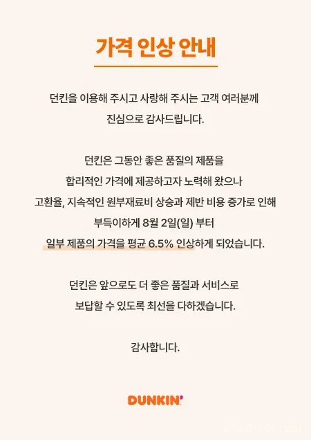 던킨 도넛 가격 인상