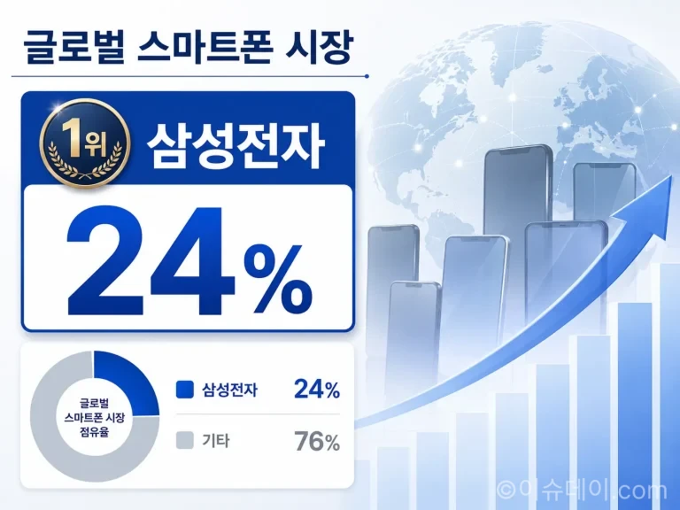 삼성전자 스마트폰 점유율이 2026년 2분기 24%를 기록하며 세계 1위로 올라섰다. 갤럭시 S26 판매와 인도·중동 판촉 전략이 성장을 이끈 가운데 글로벌 출하량은 메모리 공급난으로 11% 감소했다.