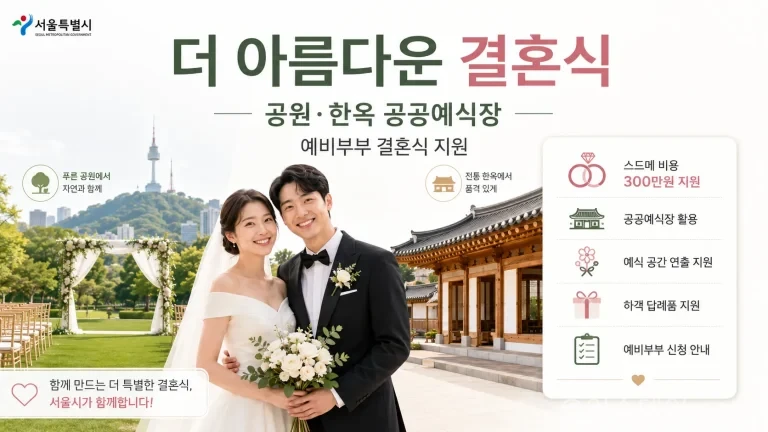 서울시와 농심이 ‘더 아름다운 결혼식’ 협약을 맺고 예비부부 약 13쌍에게 스드메 비용 300만원과 예식 공간 연출, 답례품 등을 지원한다. 공모 기간은 2026년 7월 6일부터 8월 3일까지다.