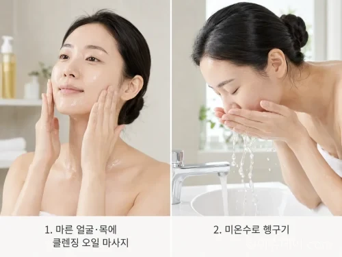 아로마테라피 클렌징 오일로 얼굴과 목을 1분 동안 마사지하는 방법