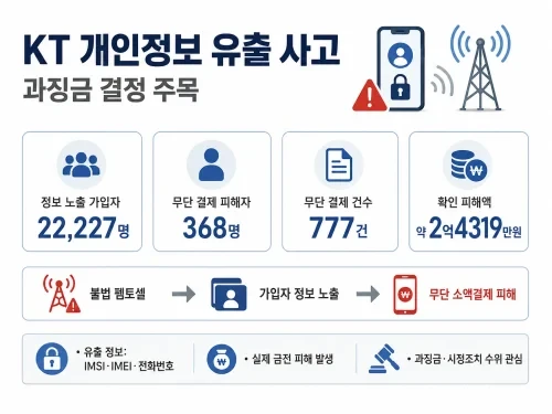 KT 개인정보 유출과 과징금 결정을 상징하는 통신 보안 인포그래픽