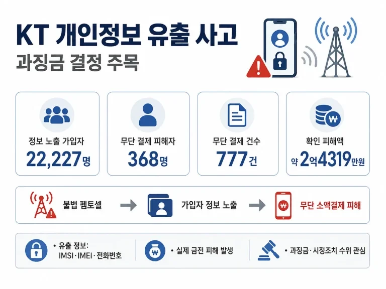 KT 개인정보 유출과 과징금 결정을 상징하는 통신 보안 인포그래픽