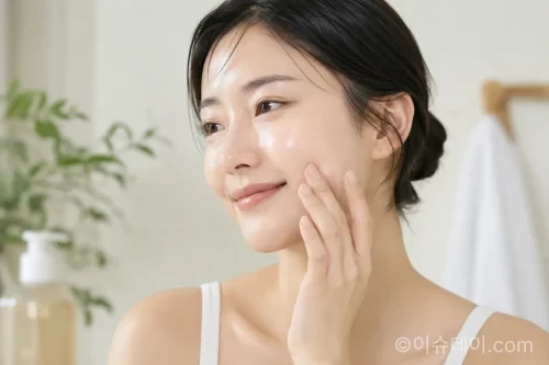 말차 파우더 워시 사용 후 매끄러운 피부결을 확인하는 모습