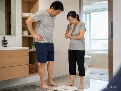나이 들수록 체중 감량이 어려운 이유를 고민하는 중년 남녀