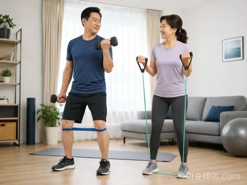 중년 이후 근육 유지를 위해 근력 운동을 하는 남녀