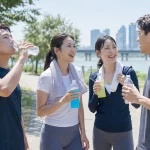 여름철 야외활동 후 전해질 음료로 수분을 보충하는 사람들