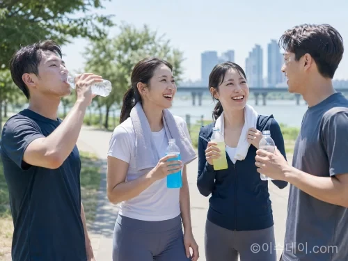 여름철 야외활동 후 전해질 음료로 수분을 보충하는 사람들