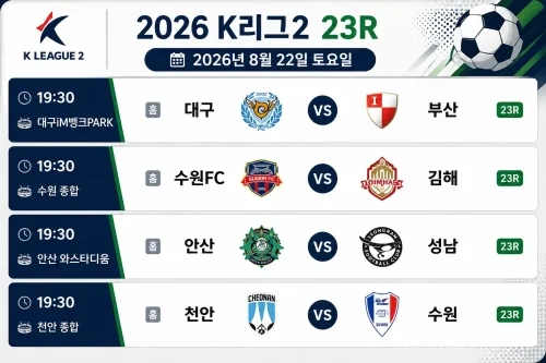 2026년 8월 22일 K리그2 23라운드 4경기 일정이 표시된 대진표
