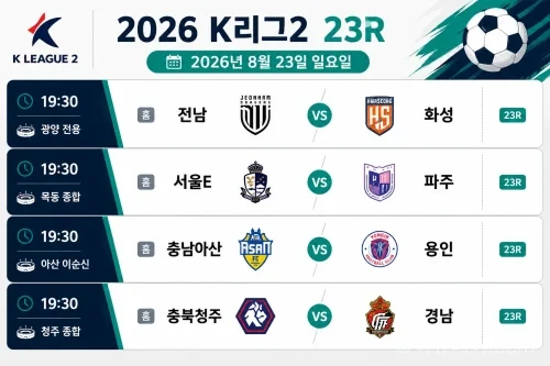 2026년 8월 23일 K리그2 23라운드 전남-화성 등 4경기 일정이 표시된 대진표