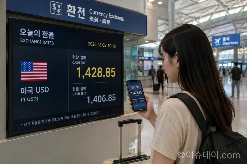 원·달러 환율 전광판을 확인하는 한국인 해외여행객