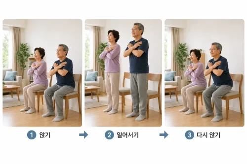 팔을 사용하지 않고 실시하는 30초 의자 일어서기 테스트 세 단계