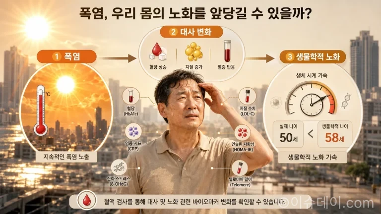 폭염 노화의 연관성을 추적한 연구에서 강한 폭염 노출이 한 차례 늘어날 때 생물학적 노화 가속도가 약 0.53년 높아졌다.