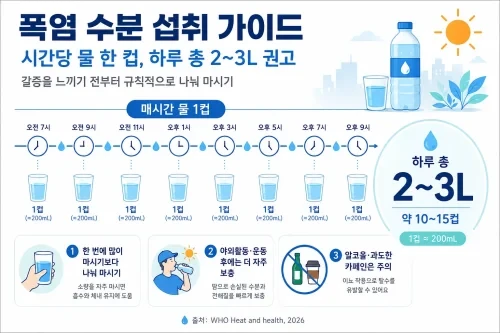 폭염 때 시간당 물 한 컵과 하루 2리터에서 3리터 수분 섭취