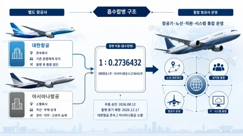 대한항공과 아시아나항공의 합병비율은 1대 0.2736432이며, 합병 완료 후 대한항공이 존속하고 아시아나항공 법인은 소멸한다.(기사 이해를 돕기 위한 AI 생성 이미지)