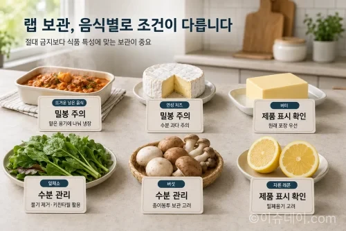 랩 보관을 피해야 할 음식에는 뜨거운 남은 음식과 연성 치즈, 버터, 잎채소, 버섯, 자른 감귤류가 있다.