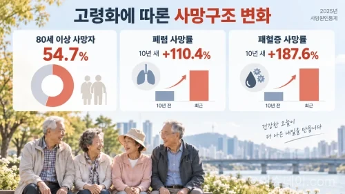 고령화에 따른 사망구조 변화를 보여주는 실사+인포그래픽 이미지