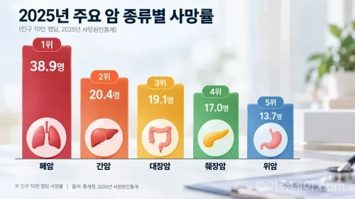 암 종류별 사망률을 비교하는 의료 통계 인포그래픽