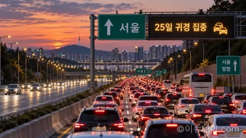 추석 당일 귀경길 정체를 보여주는 실사형 뉴스 이미지