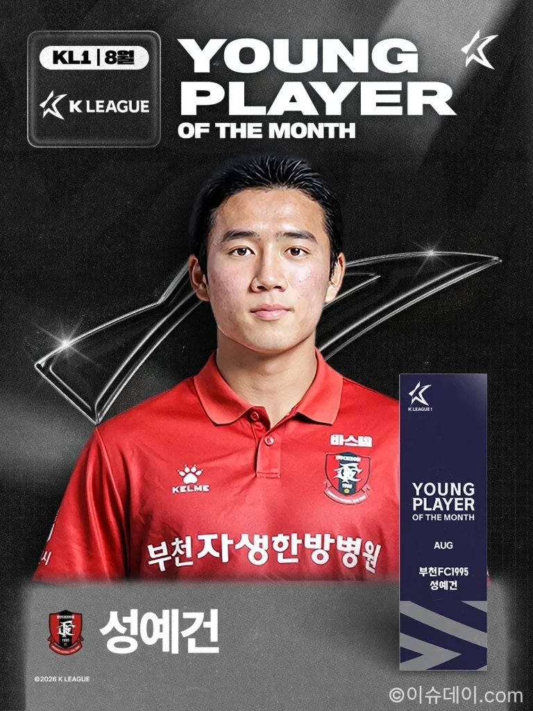 2026년 8월 K리그1 이달의 영플레이어로 선정된 부천FC 성예건