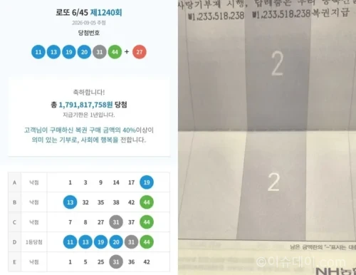 로또 1등 당첨 내역과 약 12억원 실수령을 인증한 게시글 이미지