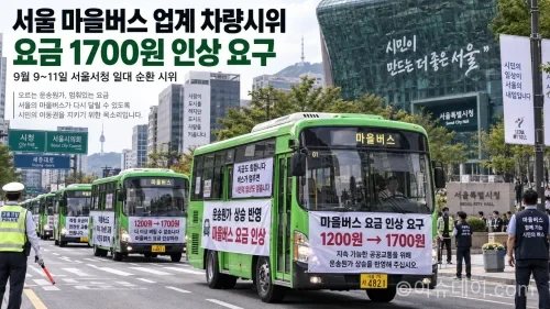 서울 마을버스 요금 1700원 인상을 요구하는 차량시위 모습