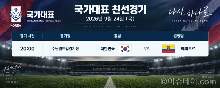 2026년 9월 24일 대한민국 에콰도르 국가대표 친선경기 수원월드컵경기장 일정
