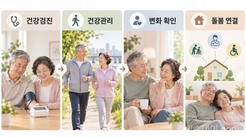 부부의 노후 건강관리와 돌봄 준비를 보여주는 4단계 인포그래픽