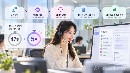 AI가 고객센터 상담 전 과정을 지원하는 구조를 보여주는 모던한 인포그래픽