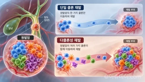 담도암의 다클론성 재발을 설명하는 과학 인포그래픽