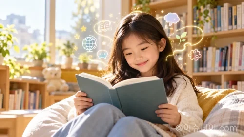 밝은 방이나 도서관에서 어린이가 편안하게 책을 읽는 모습