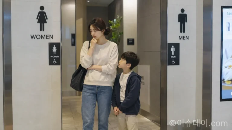보호자와 어린 자녀의 공중화장실 이용 상황을 보여주는 실사형 이미지