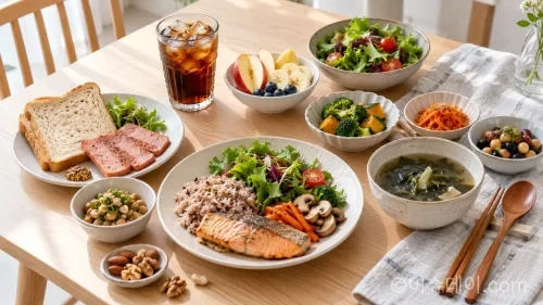 만성 염증 음식과 건강한 식사 패턴을 함께 보여주는 식탁